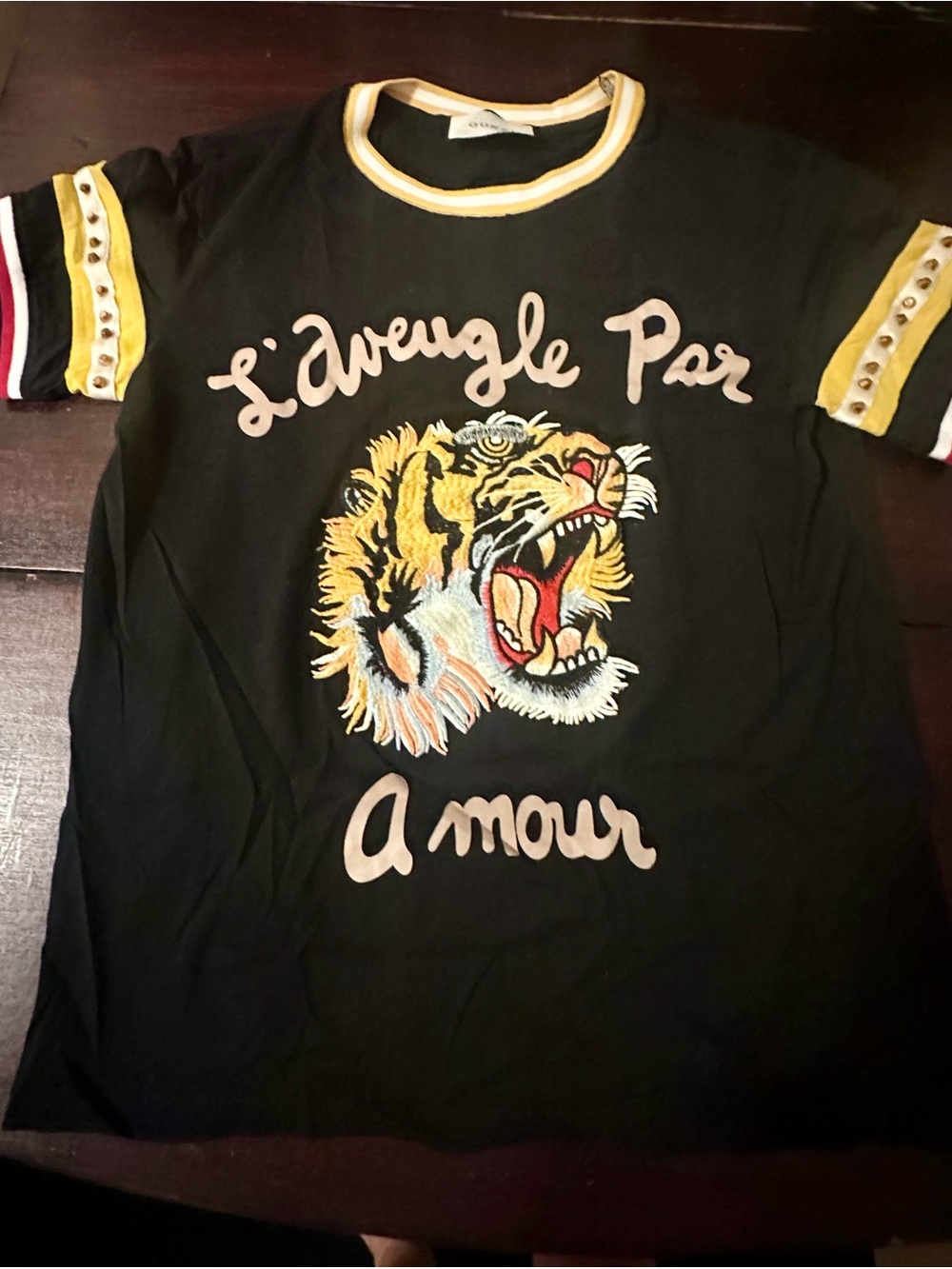GG Black Tee with Embroidered Tiger & Yellow studded Trim